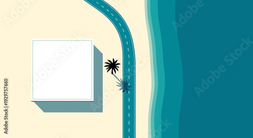 A minimalist aerial illustration captures a serene coastal landscape, featuring a winding road, a lone palm tree, and a pristine beach next to the vast blue ocean.