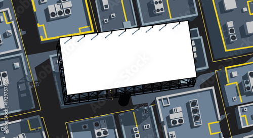 An illustrative aerial view depicts a large, blank white billboard prominently positioned amidst a dense urban landscape of grey buildings, perfect for advertising campaigns.