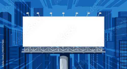 A large, blank outdoor advertising billboard stands prominently against a modern, blue urban city skyline, offering a perfect space for custom promotional messages.