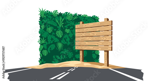 A blank wooden signpost with ample copy space stands on a sandy patch next to an asphalt road, framed by a vibrant wall of lush tropical green leaves.
