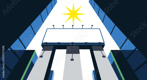 A modern graphic illustration of a straight road leading towards a prominent, blank billboard under a radiant star, symbolizing advertising, future, and opportunity.