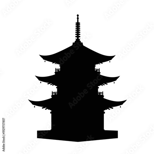 Striking black silhouette vector illustration of a traditional multi-tiered Japanese pagoda, representing ancient Asian architecture, culture, and spiritual peace