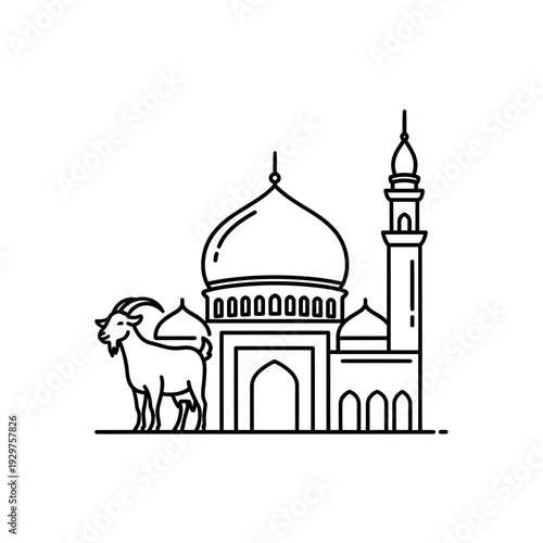 Islamic Celebration Goat with Mosque and Minaret Line Art Icon representing Sacrifice and Faith