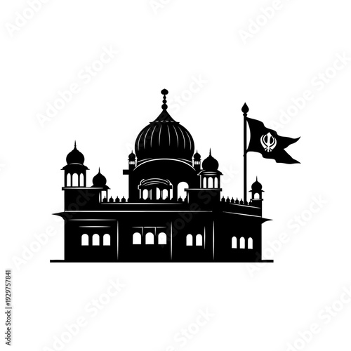 Elegant silhouette of a sacred Sikh Gurdwara temple with its distinctive dome and flying Nishan Sahib flag, embodying spiritual devotion and cultural heritage