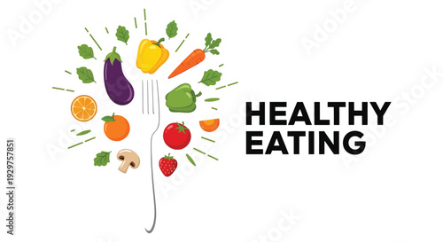 Fresh vegetables surround a fork, promoting healthy eating.