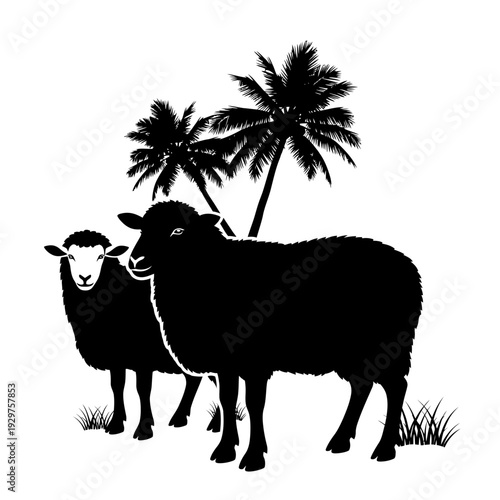Silhouettes of two sheep standing in a grassy field with palm trees in the background, symbolizing rural life and nature