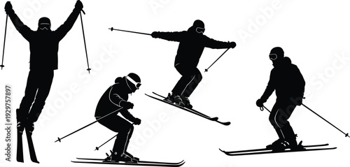 Black silhouettes of diverse skiers in various action poses including jumping and downhill racing isolated on white background.