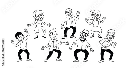 Group of diverse people waving happily in sketch style.