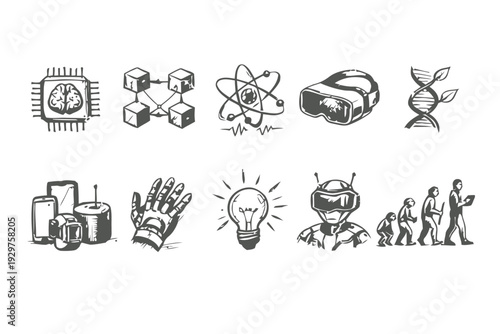 Hand-drawn icons related to technology science and evolution concepts