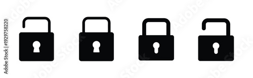 Group of four black padlock icons showing locked and unlocked states