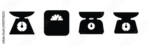 Group of scale icons in black on white background, symbolizing measurement and weight