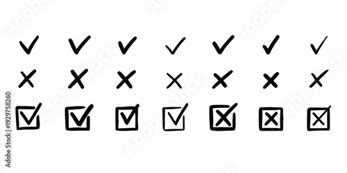 Hand drawn check marks and cross signs set in charcoal black ink style