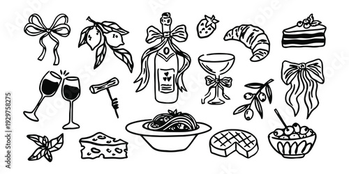 Hand drawn doodle icons related to celebration food and drink, vector elements