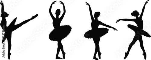 Black silhouettes of graceful ballet dancers in various classical poses and tutus isolated on white background for dance studio promotion and performing arts.