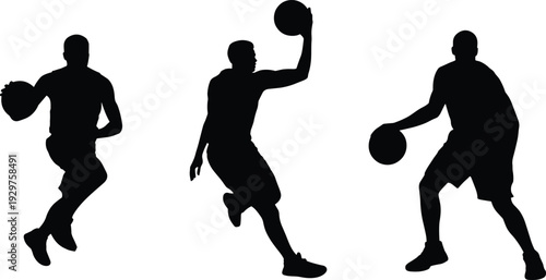Black silhouettes of male basketball players dribbling and shooting isolated on white background for sports competition, fitness, and teamwork concepts.
