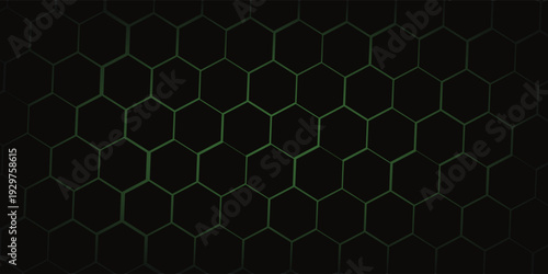 Dark technology hexagonal vector abstract background. Green bright energy flashes under hexagon in dark technology futuristic modern background vector illustration. Gray honeycomb texture grid.
