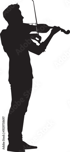 Silhouette of violin player performing gracefully with bow poised.