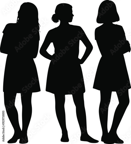 Black silhouettes of three young women standing in confident poses isolated on white background for female empowerment and youth lifestyle.