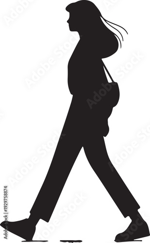 Silhouette of walking woman with confident stride graceful outline.