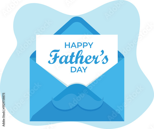 Father's Day greeting card in a blue envelope with a mustache icon on a light blue background