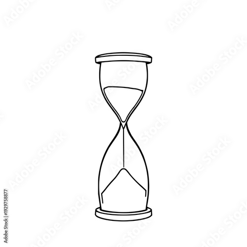 67. Minimalist line art of an hourglass with sand piling at the bottom, temporal decor, black ink, white background. clean vector illustration idea...