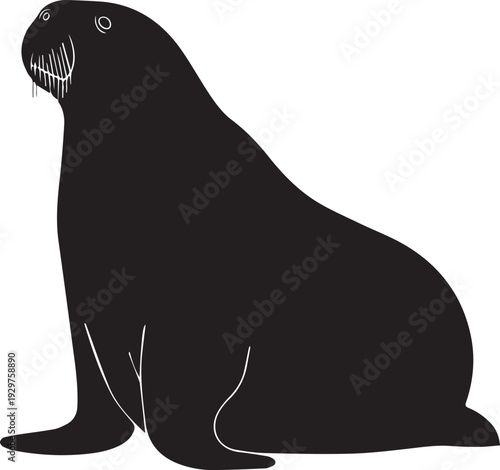 Massive walrus with tusks lounging on icy Arctic shoreline silhouette.