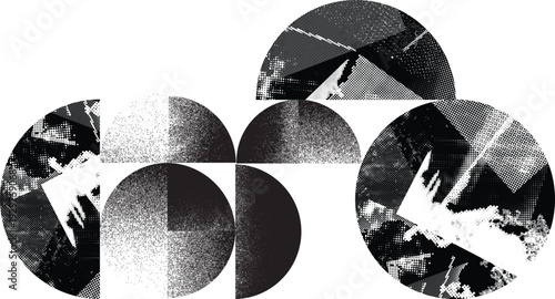 Textured black half circles composition .Graffiti art design . Noise textured semi circles . Spray effect .Grunge texture .Art design forms.Distressed element .Rough roller paint semicircles .Vector 