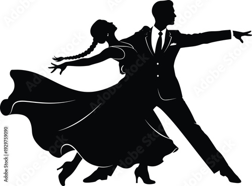 Elegant black silhouette of a ballroom dancing couple in formal attire performing a graceful routine isolated on white background.