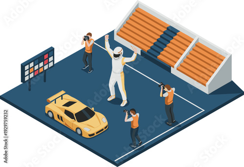 Isometric 3D motorsport podium celebration with race car driver and photographers, racing stadium victory scene illustration design