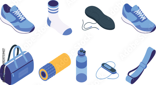 Isometric fitness equipment set with sneakers water bottle gym bag and accessories, healthy lifestyle workout gear illustration