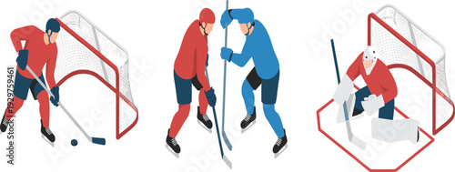 Isometric ice hockey players and goalie set, winter sport action scenes with puck stick and net isolated illustration