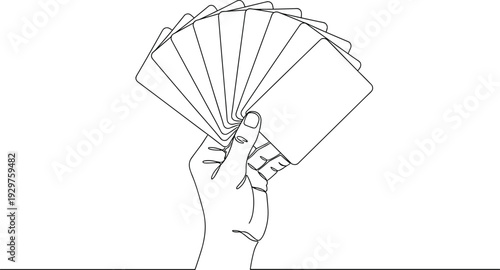 Minimalist continuous one line drawing of a hand holding a fan of blank playing cards for gaming and magic concepts.