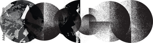 Textured black half circles composition .Graffiti art design . Noise textured semi circles . Spray effect .Grunge texture .Art design forms.Distressed element .Rough roller paint semicircles .Vector 