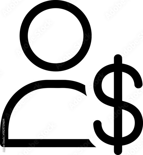 Outline icon of a user profile with a dollar symbol, representing financial transaction or paid access. Vector graphic symbol for web