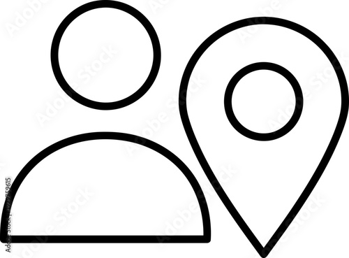 User location icon with person and map pin symbol for navigation and geolocation application. Outline vector illustration on white background