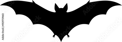 Flying bat silhouette. Halloween animal. Black spooky creature. Scary icon vector illustration for holiday design