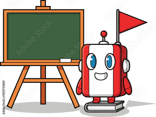 Red and white robot with a red flag standing next to a wooden easel with a blank green chalkboard