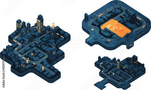Isometric smart city map illustration, futuristic urban night landscape with glowing streets, modern buildings, technology infrastructure concept design