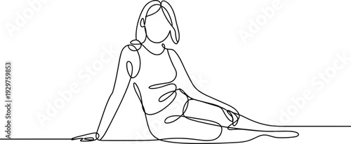 Minimalist continuous one line drawing of a relaxed woman sitting in a casual pose isolated on white background for wellness and lifestyle.