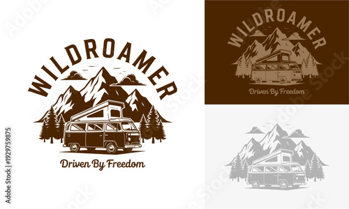 A trio of campervan logos surrounded by mountains and trees, symbolizing adventure and freedom