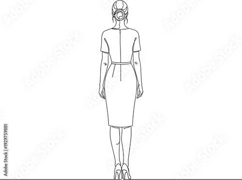 Minimalist continuous one line drawing of an elegant woman in a stylish dress seen from behind for fashion and beauty.Minimalist continuous one line drawing of 