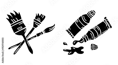 Painting or art drawing silhouette design bundle, set of artwork logo icon, brush, paint tube, colour, canvas clip art symbol