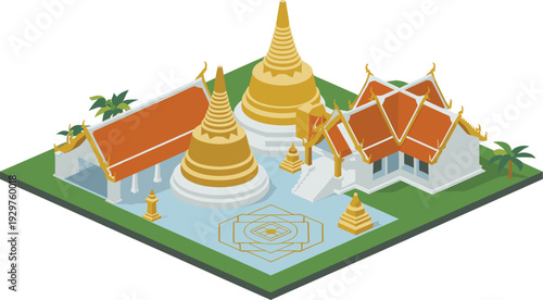 Isometric Thai Buddhist temple illustration, 3D traditional architecture with golden stupas, ornate roofs and serene cultural landmark