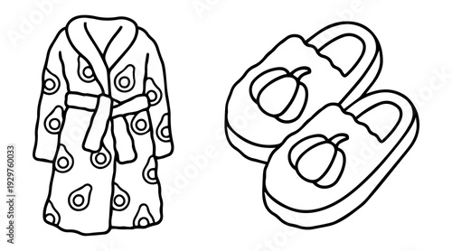 Handdrawn cute doodle style bathrobe and slippers vector line illustration