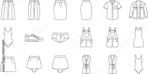 Minimalist line drawing icons of summer clothing including skirts, shorts, dresses, shirts, and sneakers isolated on white background.