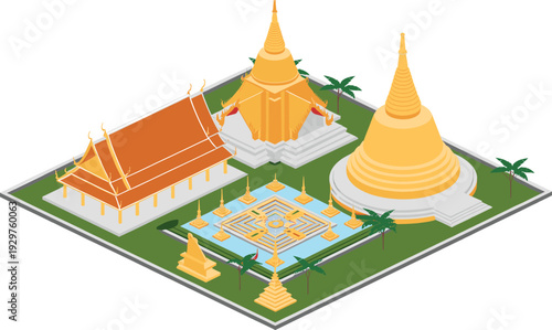 Isometric Thai temple complex with golden pagoda, Buddhist monastery architecture, traditional Thailand landmark illustration, cultural heritage travel destination artwork