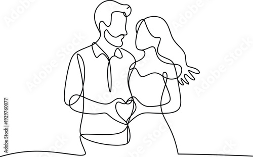Minimalist one line drawing of a romantic couple making a heart shape with their hands for wedding and Valentine's Day.