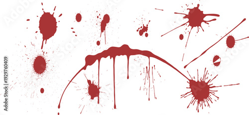 Realistic red blood splatter set, dripping stains and splashes isolated on white background, horror crime scene texture illustration