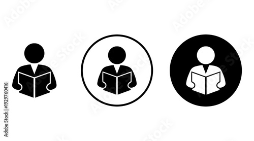 Person reading book icon set, student education flat vector icons