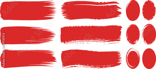 Red grunge brush strokes and circle paint elements, abstract acrylic texture set isolated on white background for design use